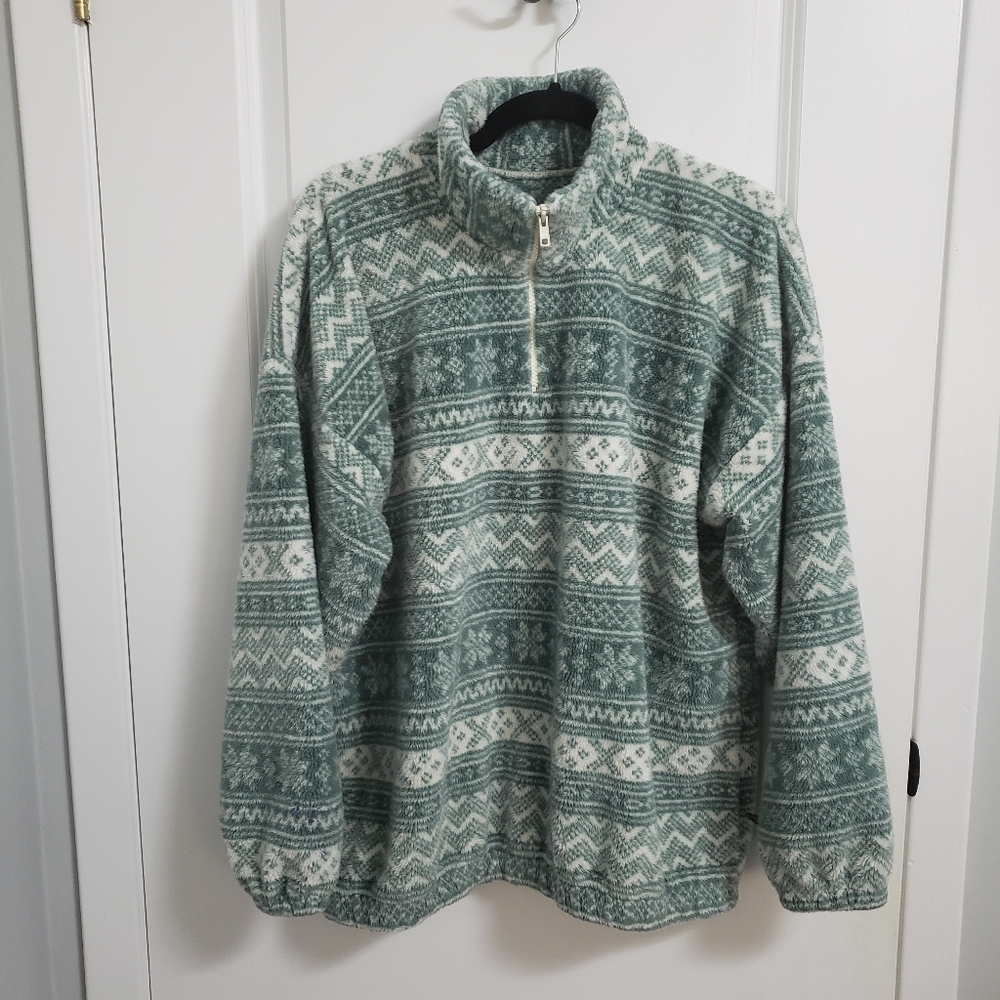 VINTAGE UNCLE LOUIES Green White Sherpa Snow Flakes Pullover Sweater